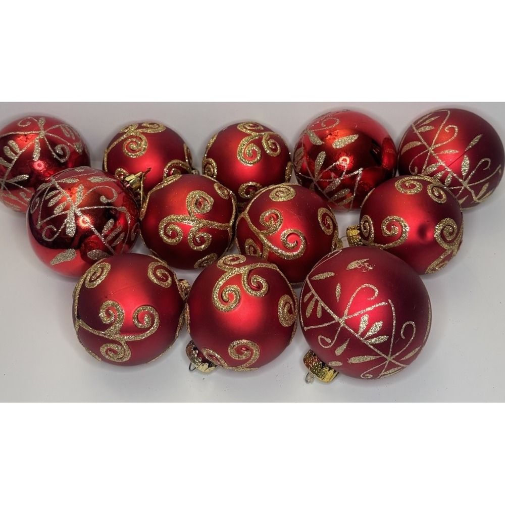 Set Of 12 Red & Gold Glitter Christmas Ball Ornaments Non Breakable 2" & 3"